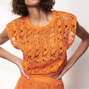 Zara Orange Sleeveless Crochet Vest Crop Top